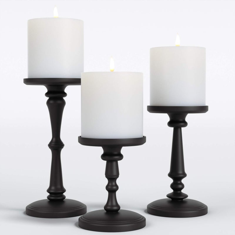 HB Design Co. Matte Black Candle Holders Set of 3 - Metal Candle Holders for Pillar Candles - 3 Pillar Candle Holder Centerpiece - Pillar Candle Holders for Table - Black Candle Holder Set Candle Stands Decorative - Image 1